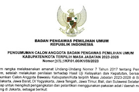 PENGUMUMAN CALON ANGGOTA BADAN PENGAWAS PEMILIHAN UMUM KABUPATEN/KOTA TERPILIH MASA JABATAN 2023-2028